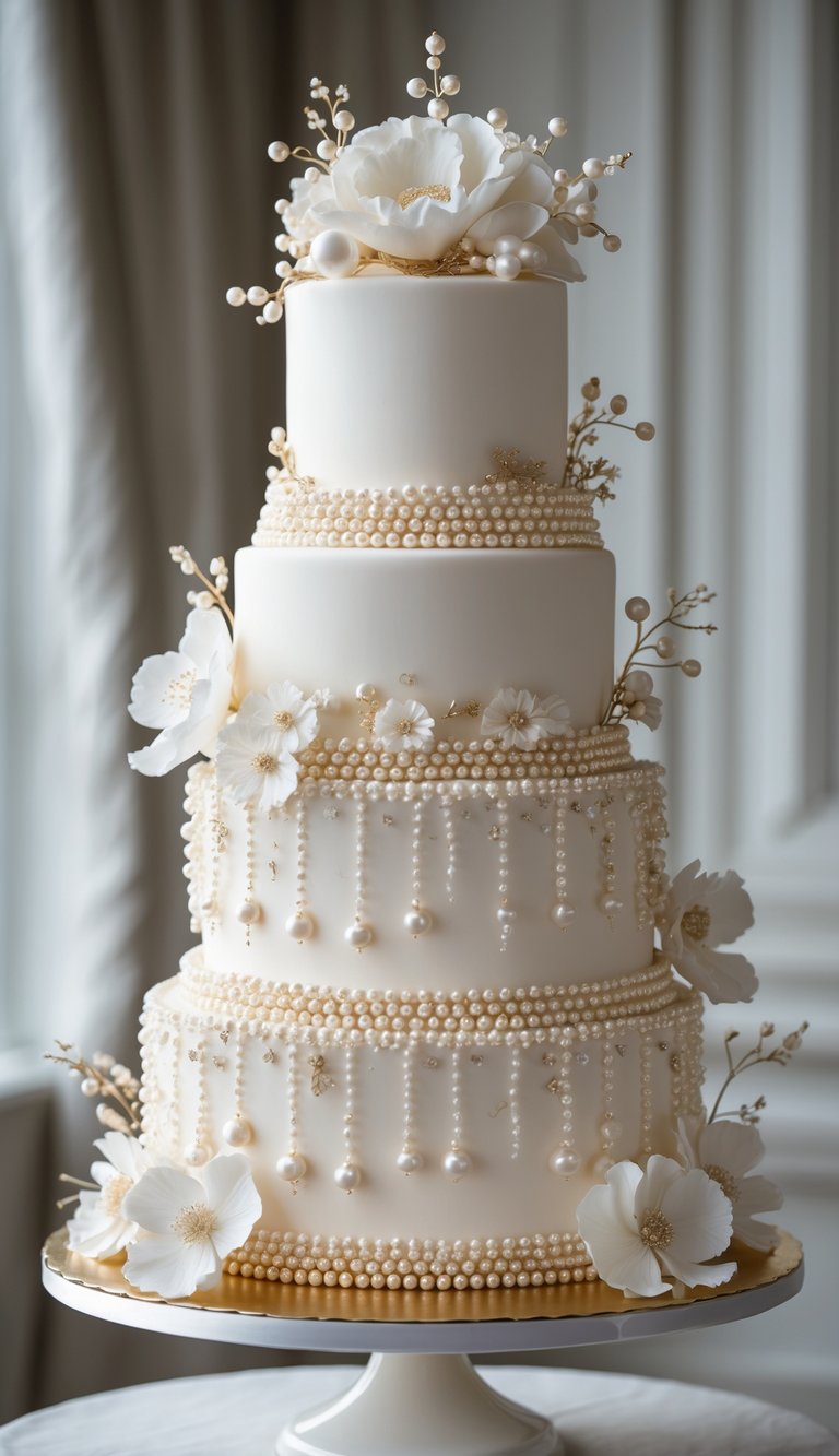 A multi-tiered wedding cake decorated with white fondant and pearl-like edible beads on each layer.